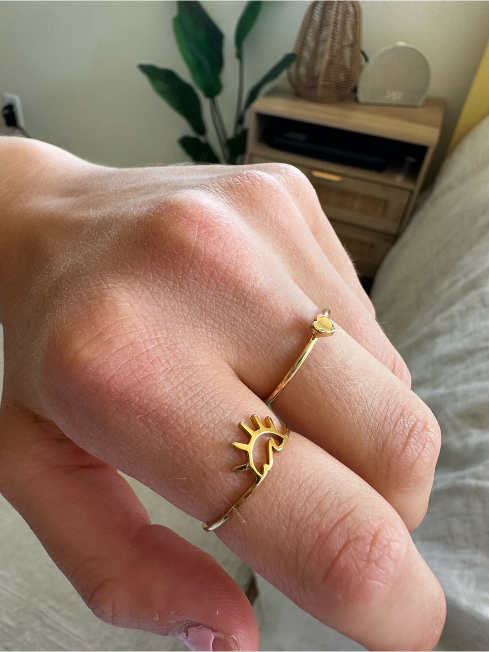 Gold Sun and wave Motif Open Ring - tiny heart ring - set of 2